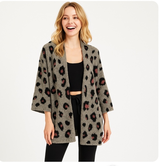 Anthropologie Do Everything In Love Gray Black Leopard Print Cardigan Sweater OS - Picture 1 of 13